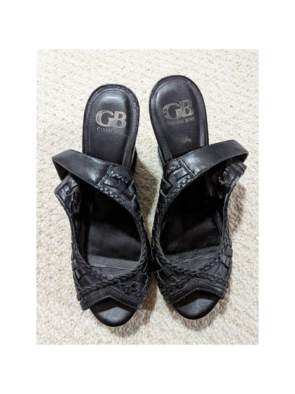 Gianni Bini Women's Black Leather Woven Slingback Wedge Sandals Size 7.5 - Picture 5 of 6